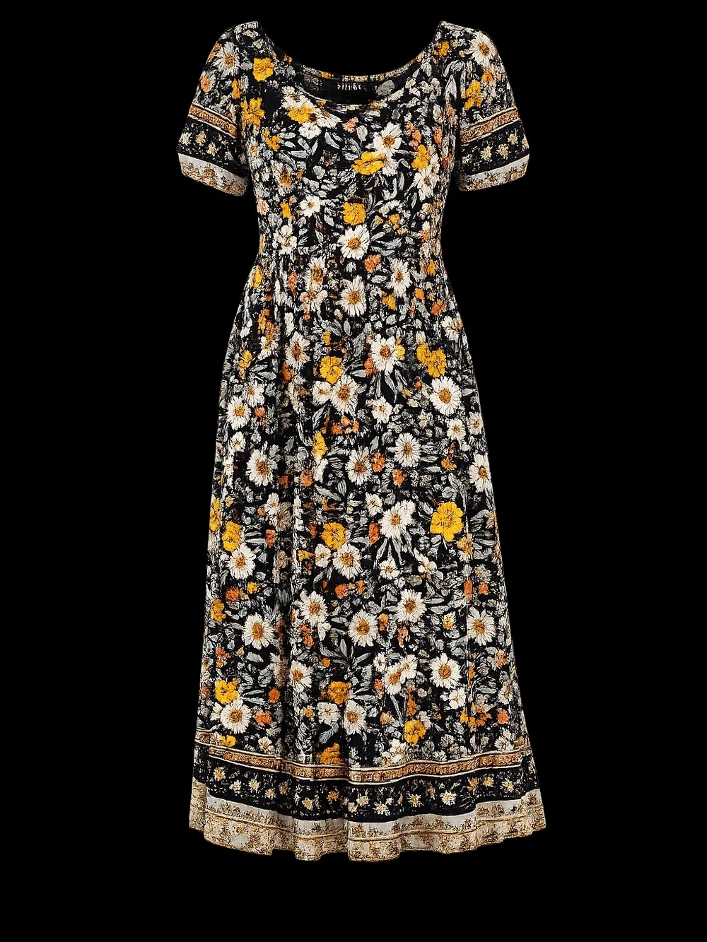 Black Floral Maxi Dress with Yellow & White Daisies Size Medium Mikarose - Picture 2 of 8